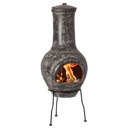 VINTIQUEWISE Outdoor Stoney Grey Clay Chimenea Scribbled Design Fire Pit with Metal Stand QI004352